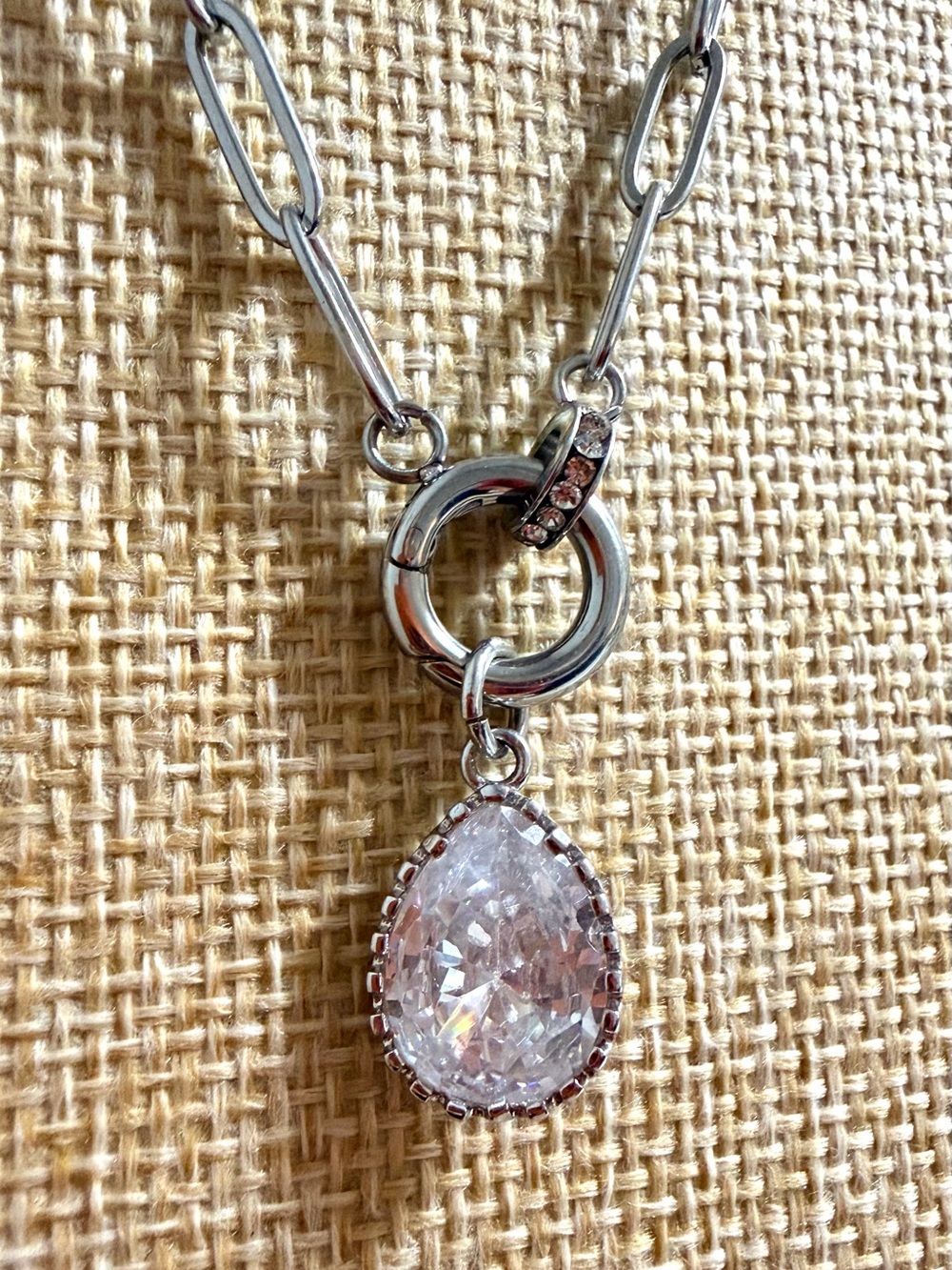 Stainless Steel paperclip Carabiner w/ Teardrop CZ Pendant Necklace